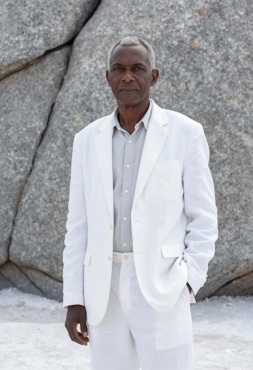 AI makgadikgadi geologist salt pan white baobab sample — portrait of a man, a Tswana geologist in his late fifties wi