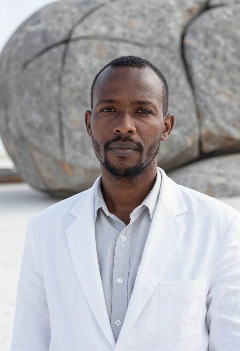 AI makgadikgadi geologist salt pan white baobab sample — portrait of a man, a Tswana geologist in his mid-forties wit
