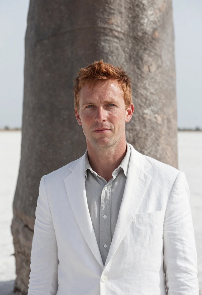 AI makgadikgadi geologist salt pan white baobab sample — portrait of a man, a Scottish geologist in his late thirties