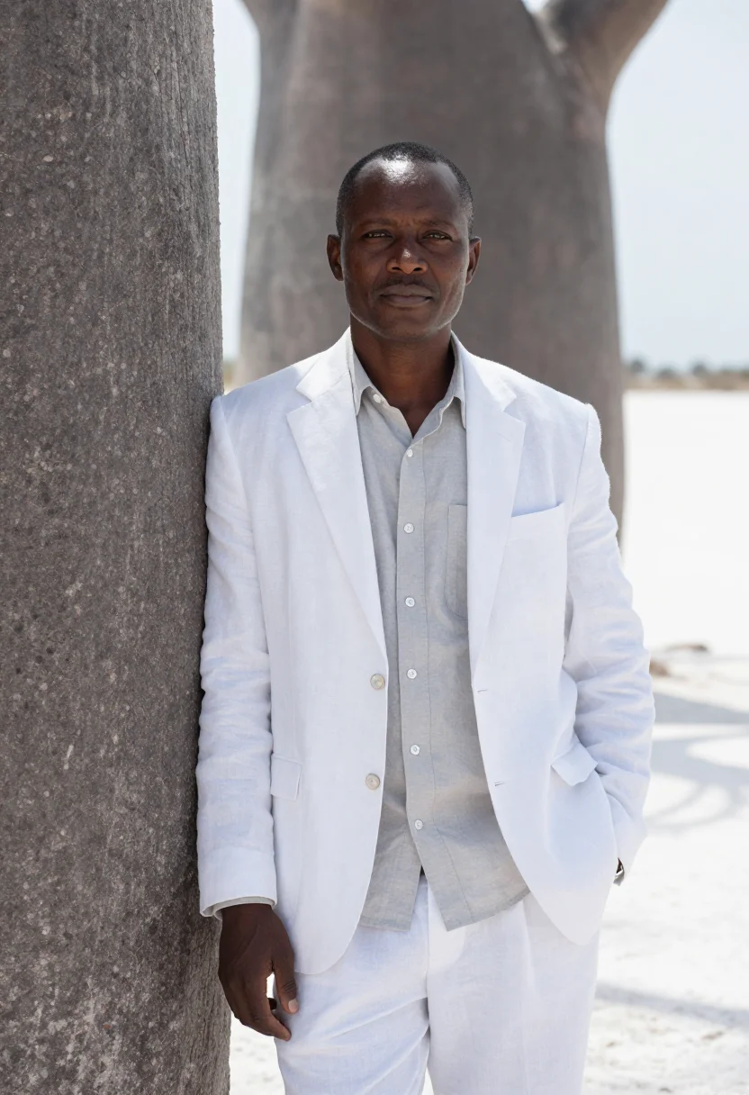 AI makgadikgadi geologist salt pan white baobab sample — portrait of a man, a Zambian geologist in his mid-thirties w