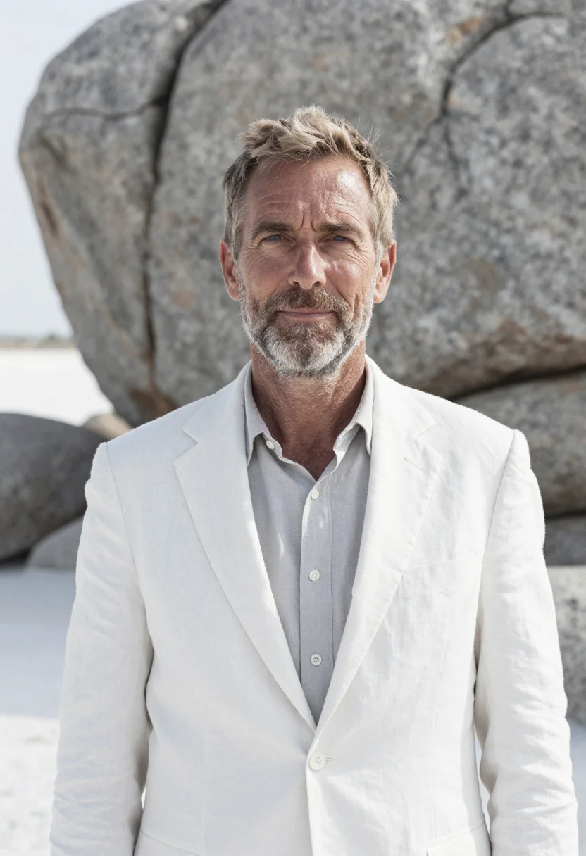 AI makgadikgadi geologist salt pan white baobab sample — portrait of a man, an Afrikaner geologist in his early fifti