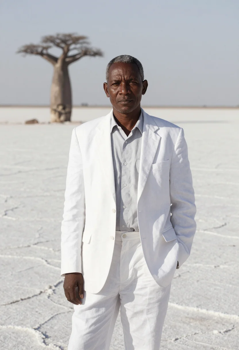 AI makgadikgadi geologist salt pan white baobab sample — portrait of a man, a Tswana geologist in his late forties wi