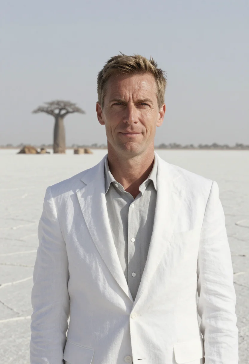 AI makgadikgadi geologist salt pan white baobab sample — portrait of a man, a German geologist in his mid-forties wit