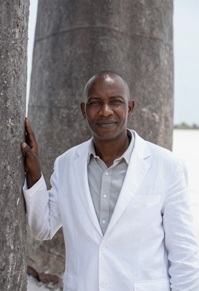 AI makgadikgadi geologist salt pan white baobab sample — portrait of a man, a Tswana geologist in his early forties w