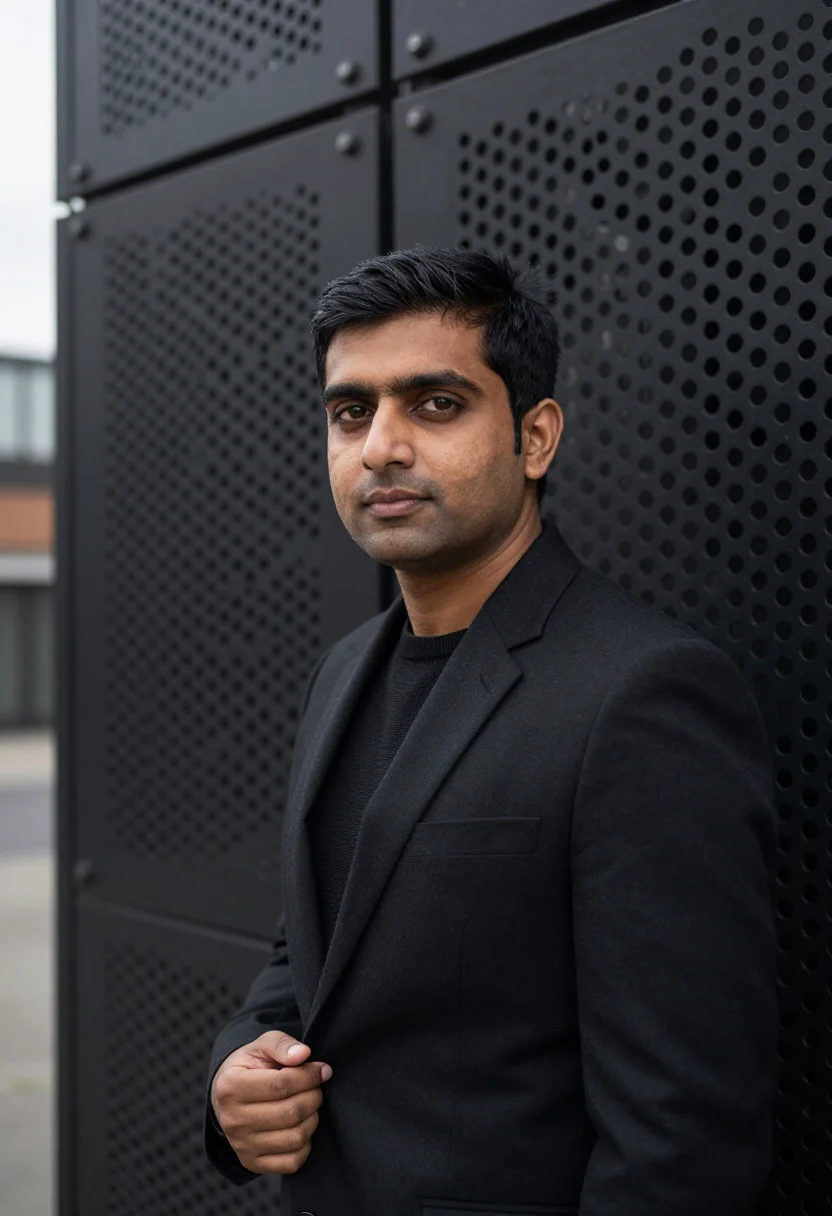 AI manchester graphene researcher black veil sample — portrait of a man, a researcher in his forties of Indian anc