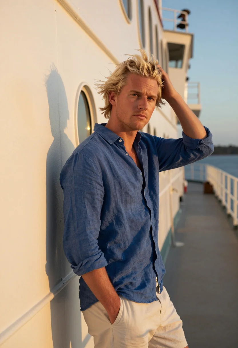 AI manly ferry sunset gold blue sample — portrait of a man, framed chest-up, cropped at the ribs, the