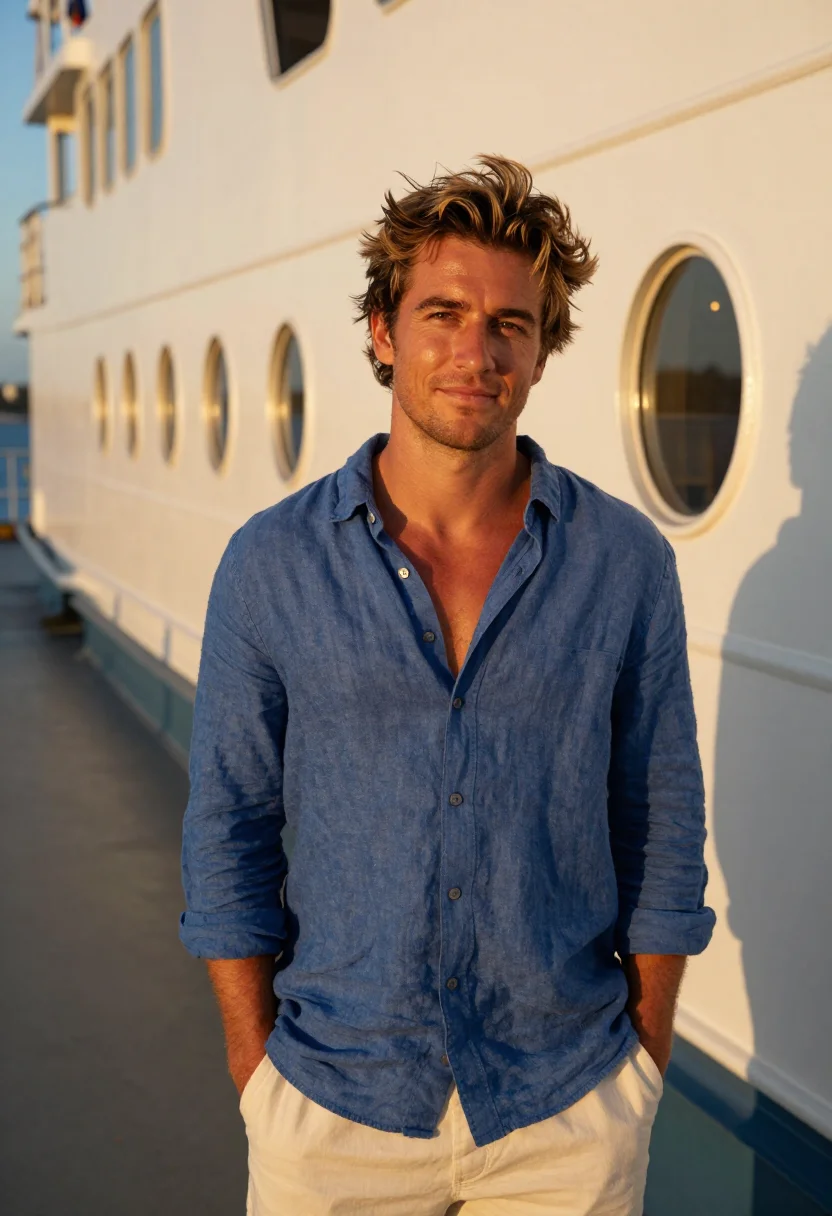 AI manly ferry sunset gold blue sample — portrait of a man, framed tight, head and shoulders, the bod