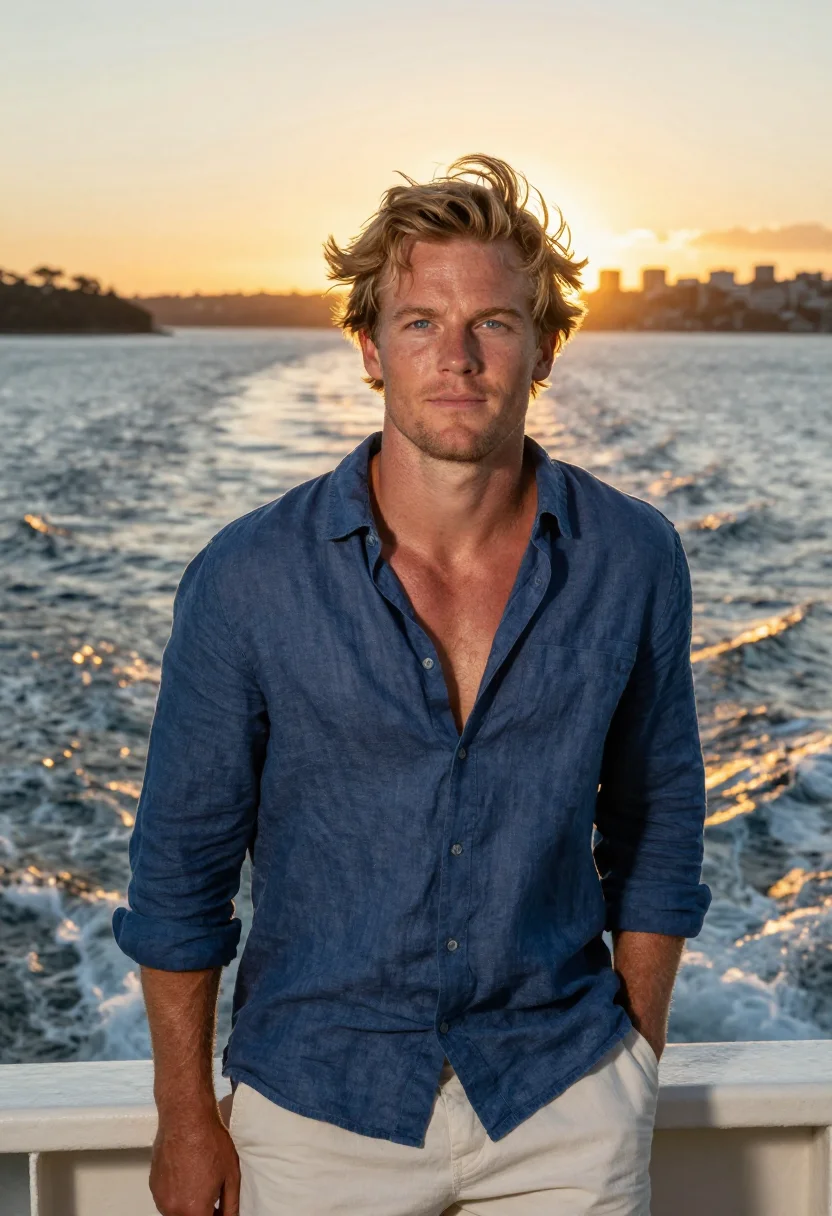 AI manly ferry sunset gold blue sample — portrait of a man, framed tight, head and shoulders, the bod