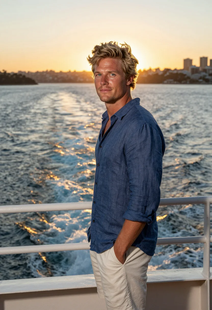 AI manly ferry sunset gold blue sample — portrait of a man, framed half-length from the head to the h