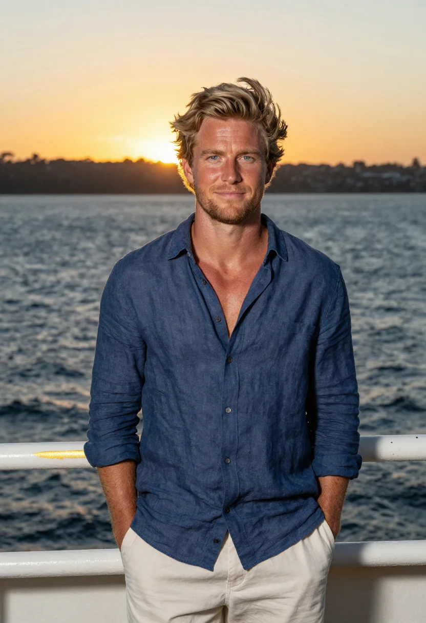 AI manly ferry sunset gold blue sample — portrait of a man, framed tight, head and shoulders, the bod
