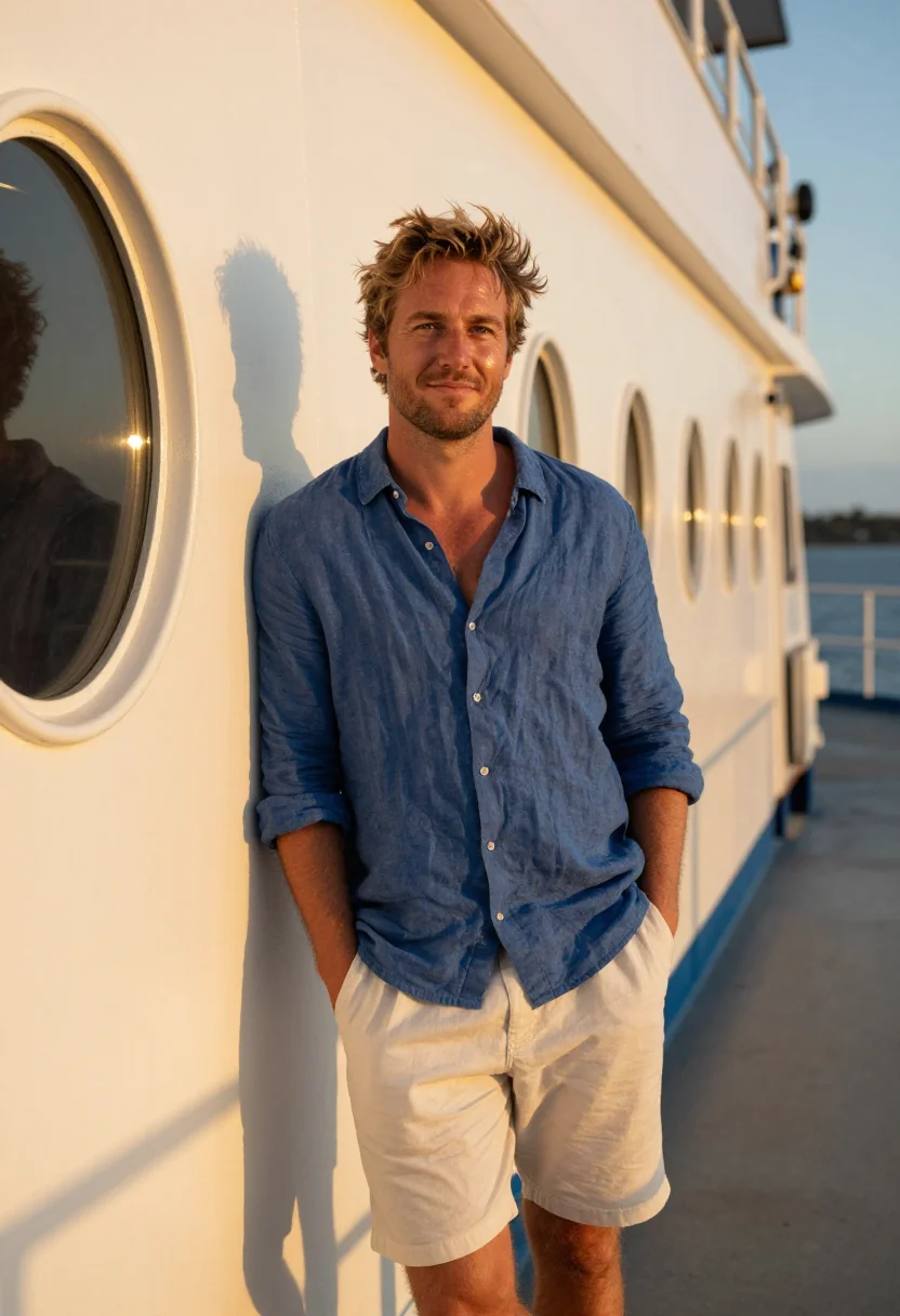 AI manly ferry sunset gold blue sample — portrait of a man, framed three-quarter length from the head