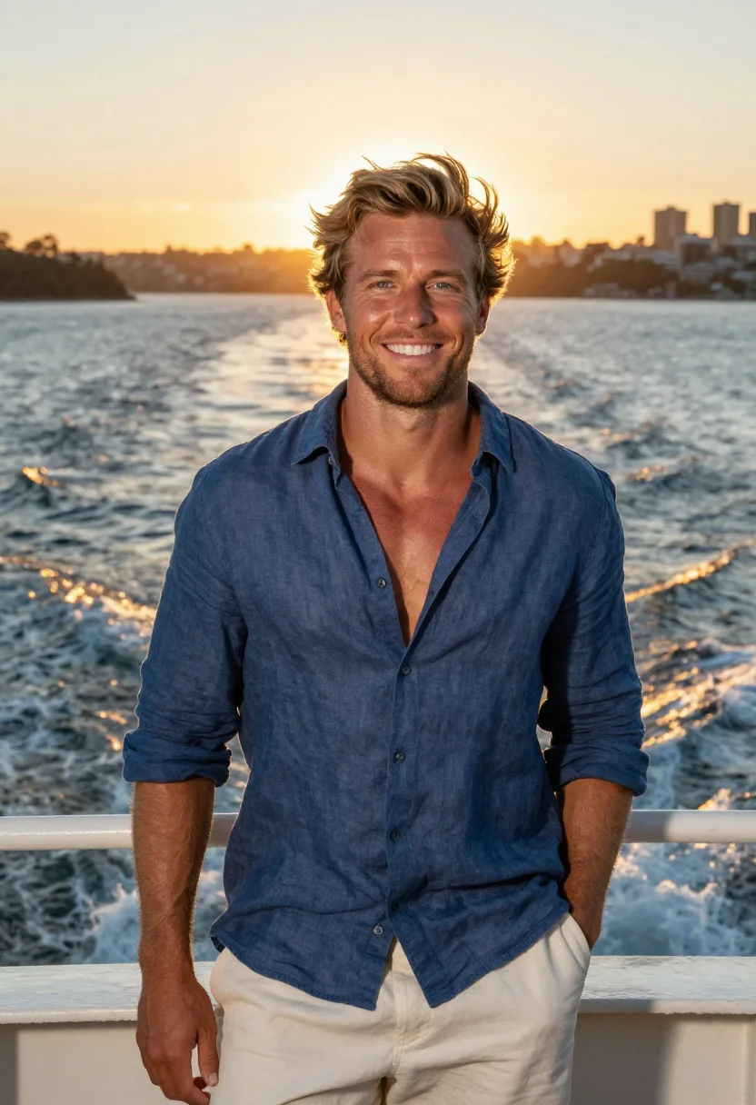 AI manly ferry sunset gold blue sample — portrait of a man, framed chest-up, cropped at the ribs, the