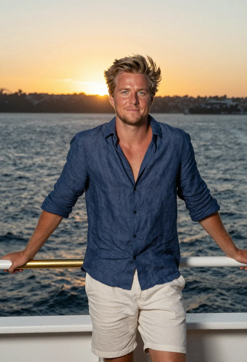AI manly ferry sunset gold blue sample — portrait of a man, framed half-length from the head to the h