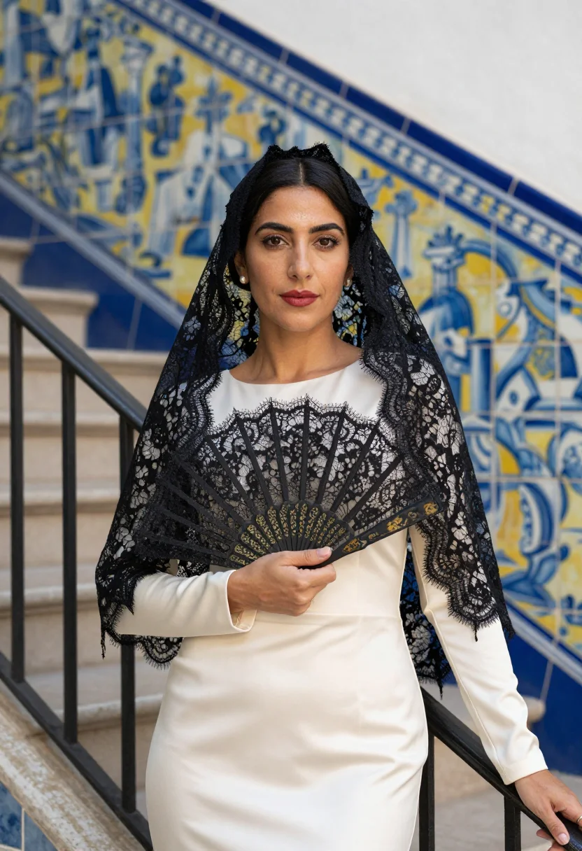 AI mantilla bride sample — portrait of a woman, chest-up portrait of a Southern-Europea