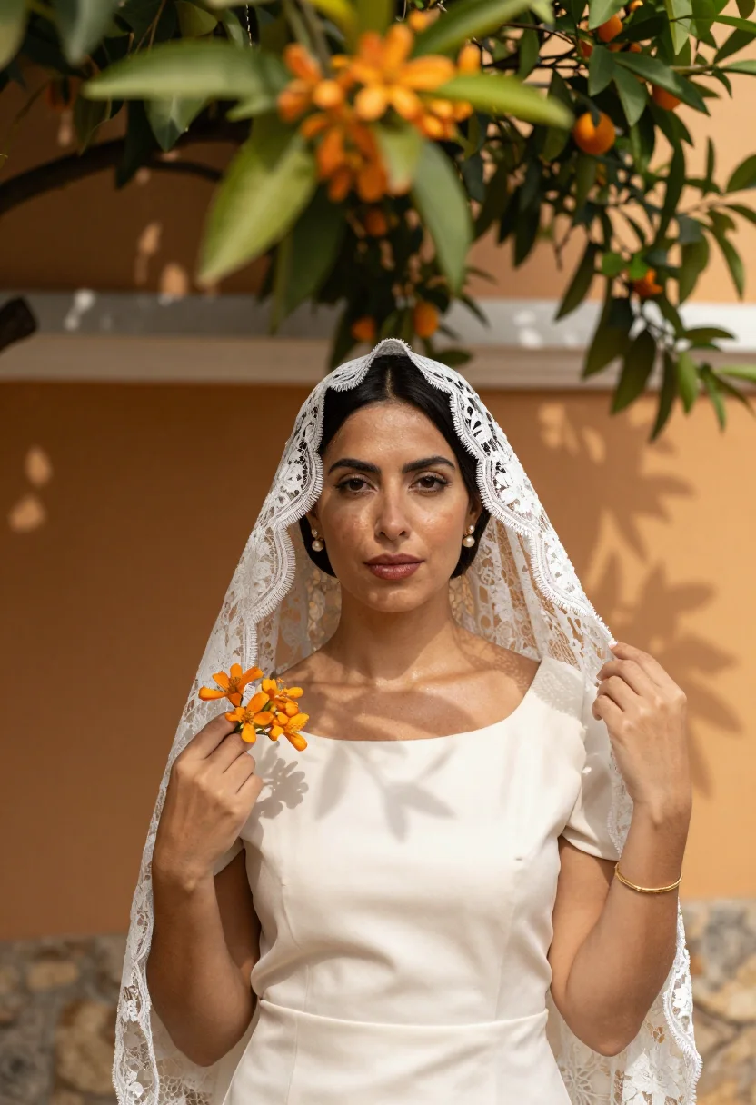 AI mantilla bride sample — portrait of a woman, chest-up portrait of a Southern-Europea