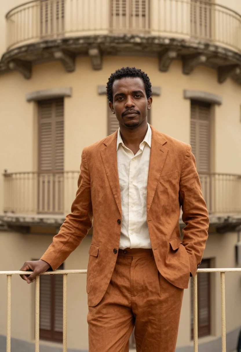 AI maputo architect art deco ochre jacaranda sample — portrait of a man, a Mozambican architect of mixed Portugues