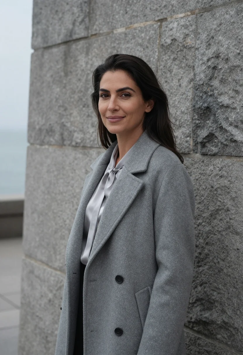 AI mar del plata hotelier stone sea grey sample — portrait of a woman, a hotelier in her late thirties with ol