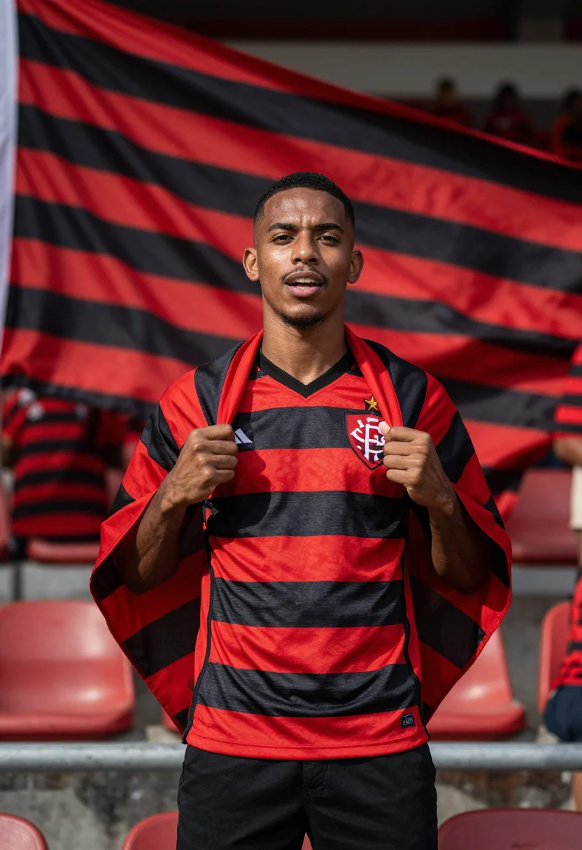 AI maracana rio flamengo red black sample — portrait of a man, an Afro-Brazilian man in his mid-twenties