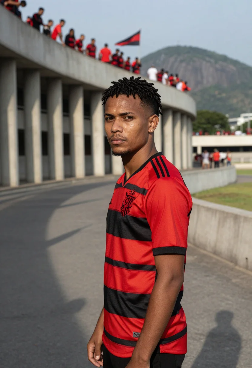 AI maracana rio flamengo red black sample — portrait of a man, a Brazilian man in his early thirties wit