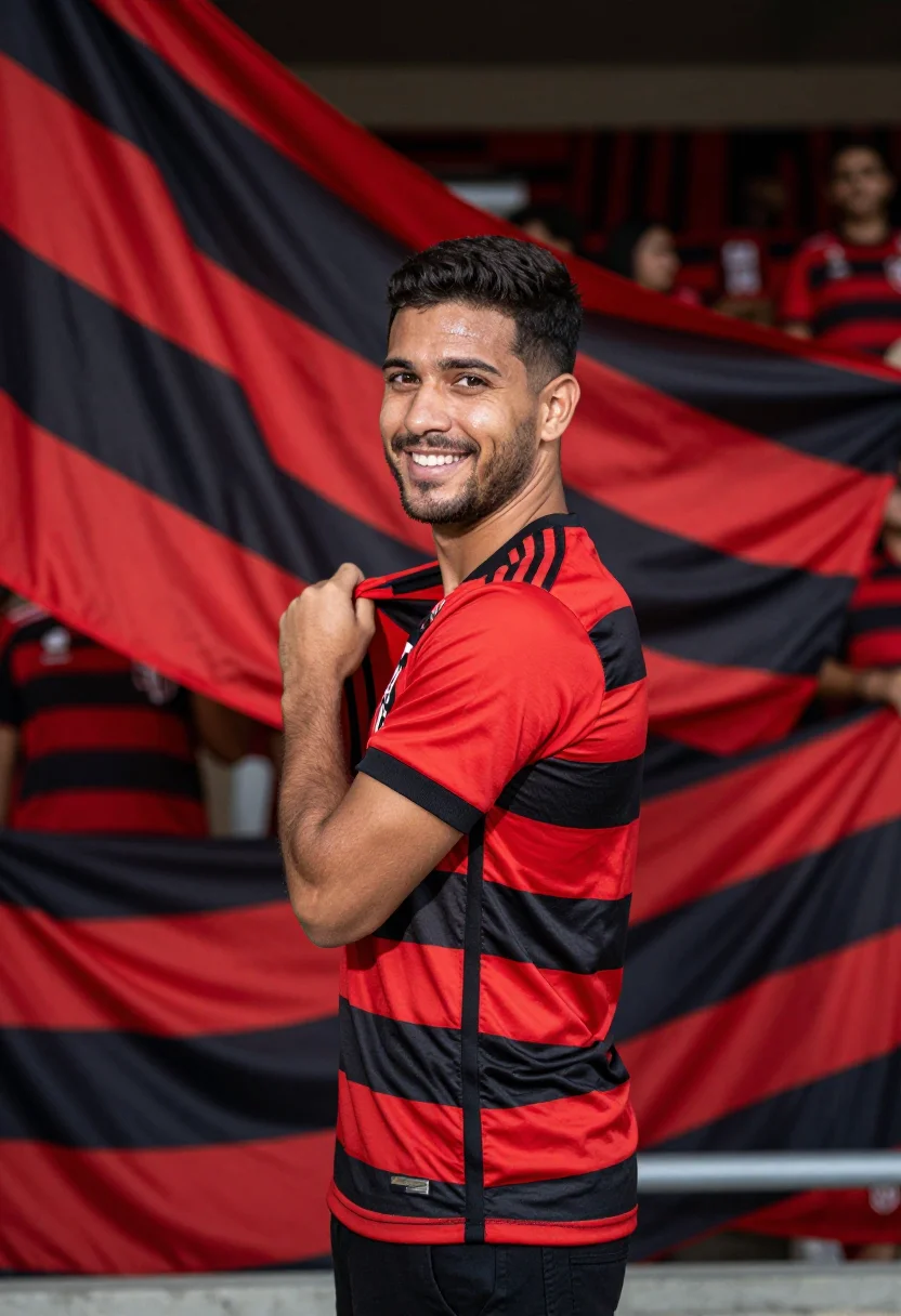 AI maracana rio flamengo red black sample — portrait of a man, a Portuguese-Brazilian man in his early t
