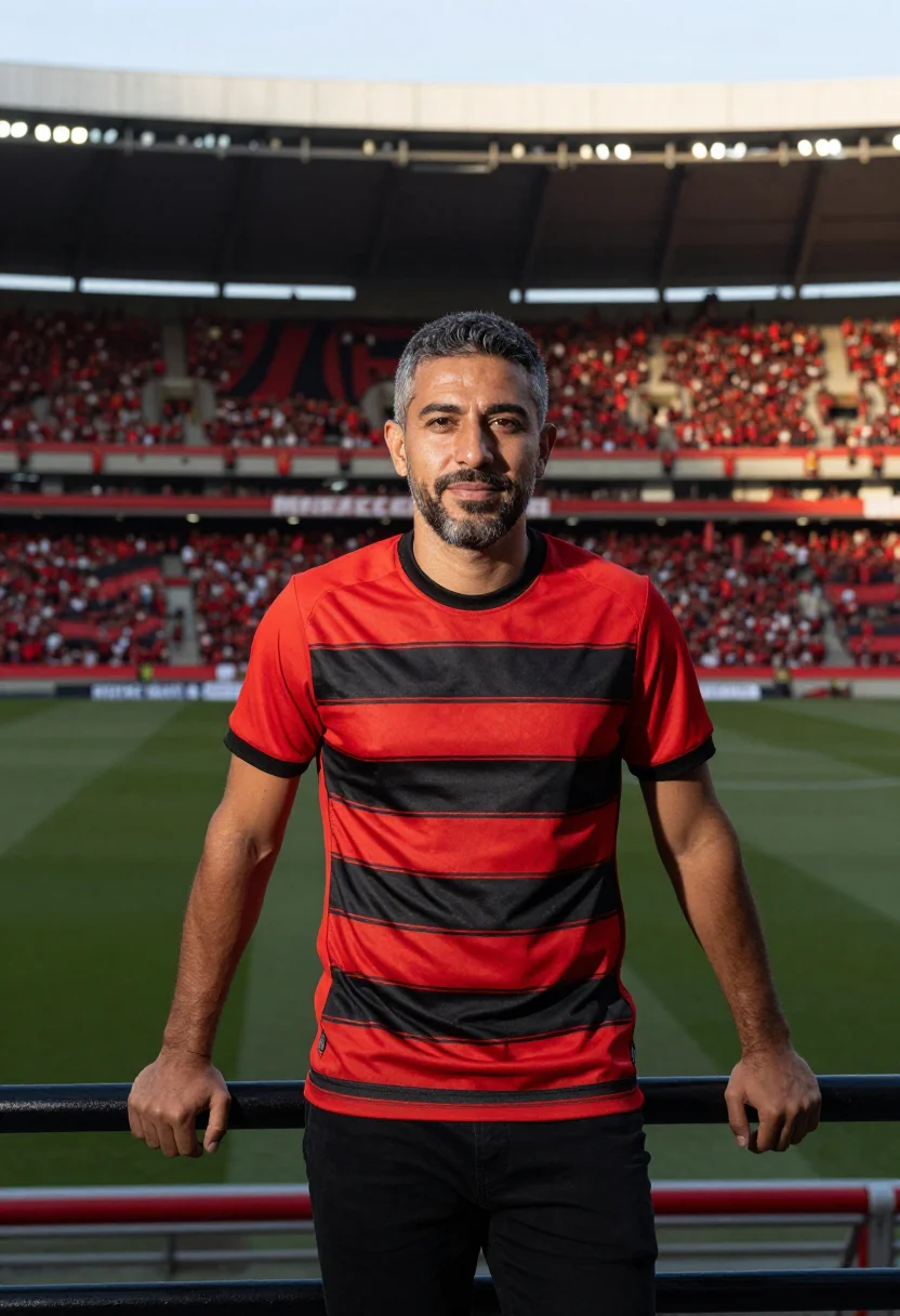 AI maracana rio flamengo red black sample — portrait of a man, a Lebanese-Brazilian man in his mid-forti