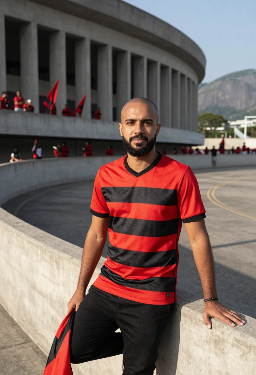 AI maracana rio flamengo red black sample — portrait of a man, a Brazilian man in his mid-thirties with