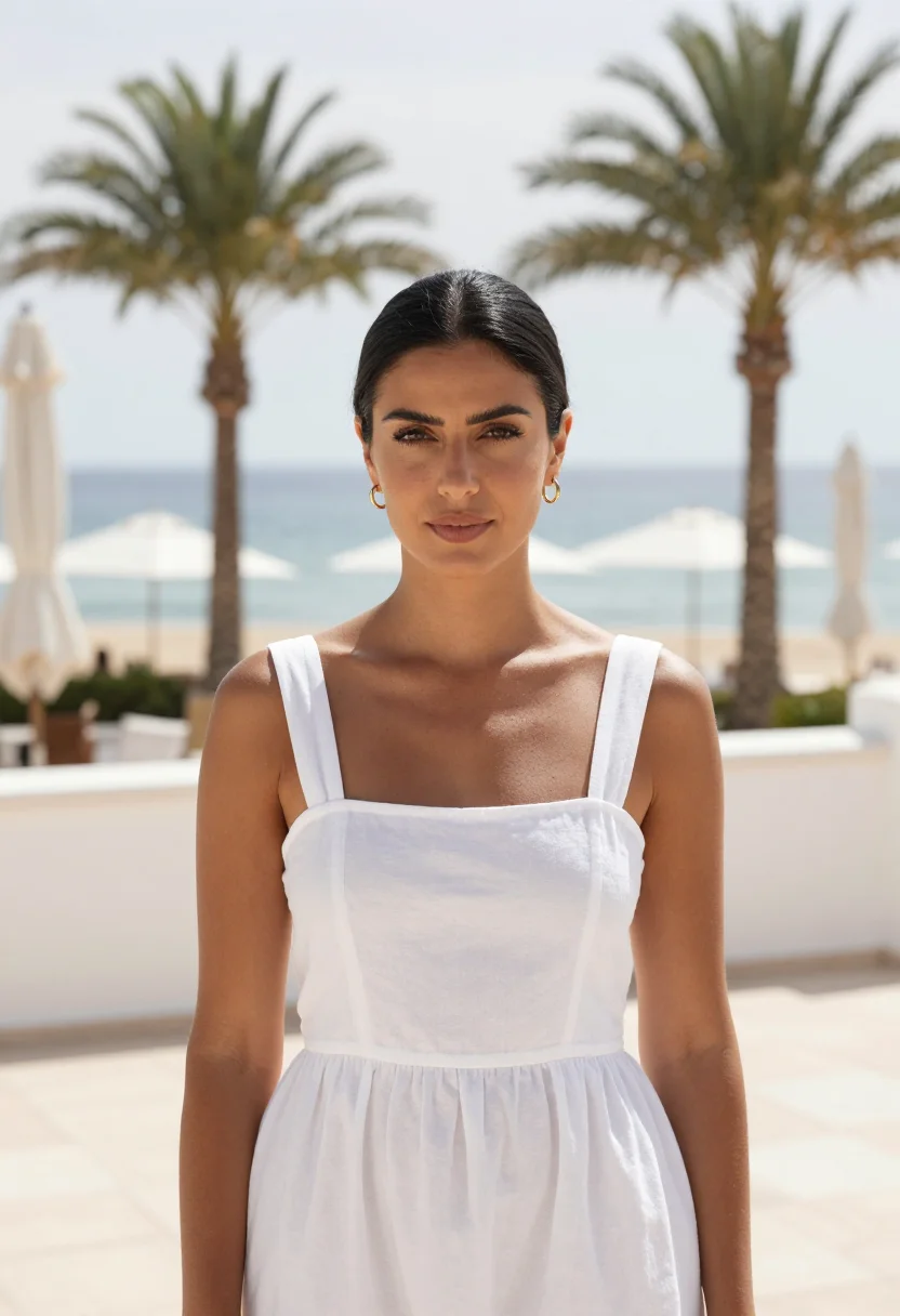 AI marbella club beach white palm sample — portrait of a woman, a Moroccan woman in her early forties w