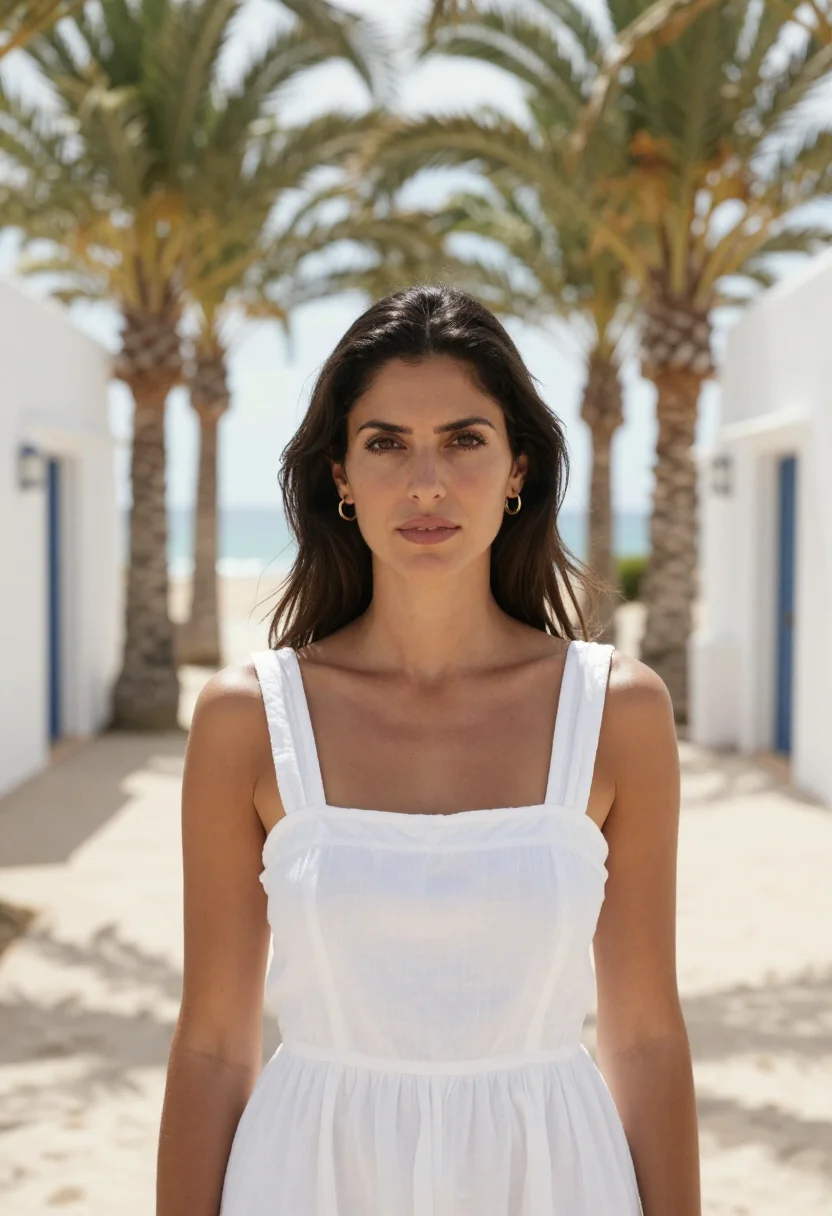 AI marbella club beach white palm sample — portrait of a woman, a Portuguese woman in her mid-thirties