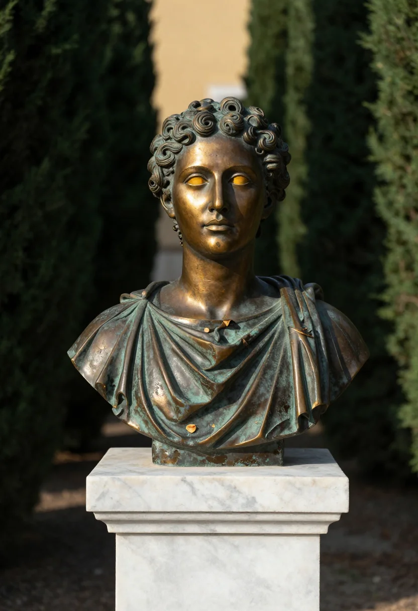 AI marble bust sample — frontal head-and-shoulders portrait of a woman in her thirti