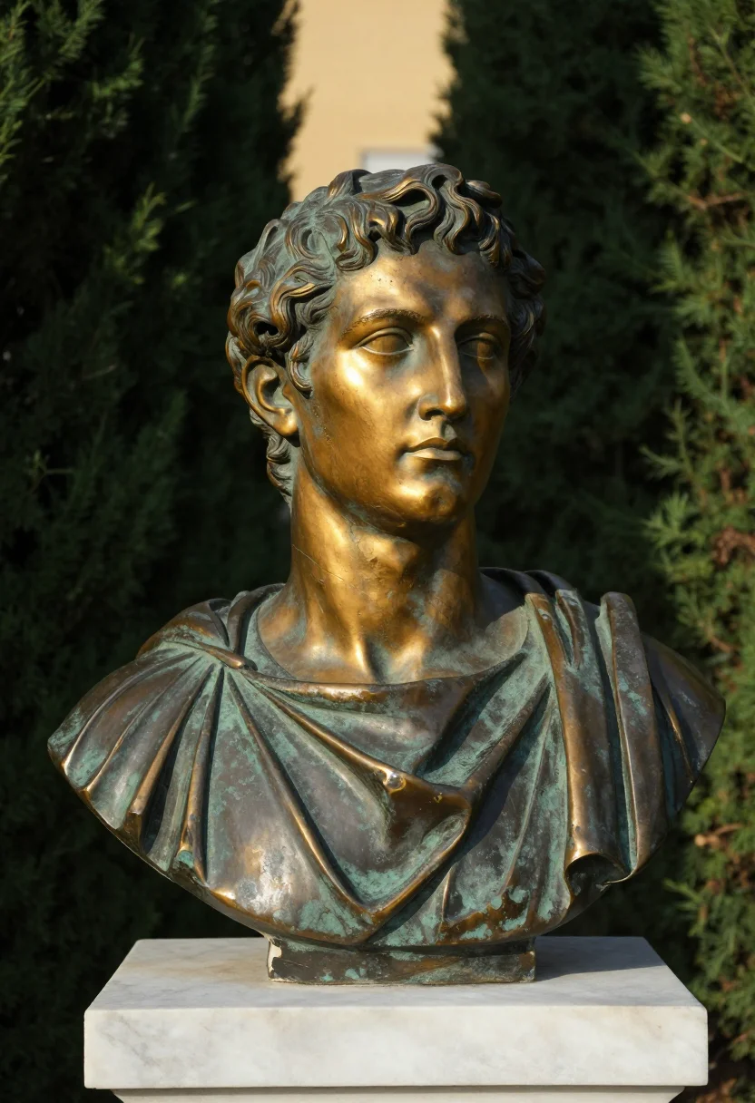 AI marble bust sample — head-and-shoulders portrait of a man in his early thirties w
