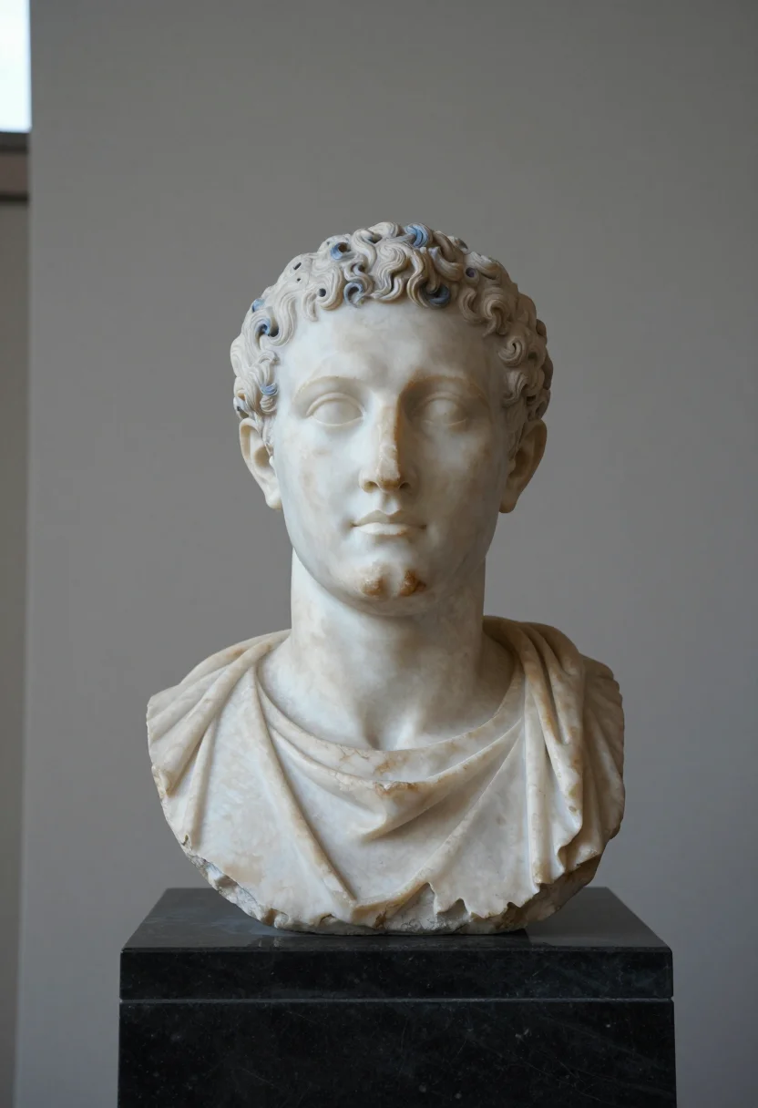 AI marble bust sample — close portrait of the head of a man in his sixties with weat