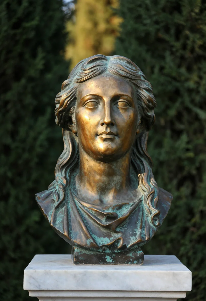 AI marble bust sample — close portrait of the head of a woman in her fifties with wa