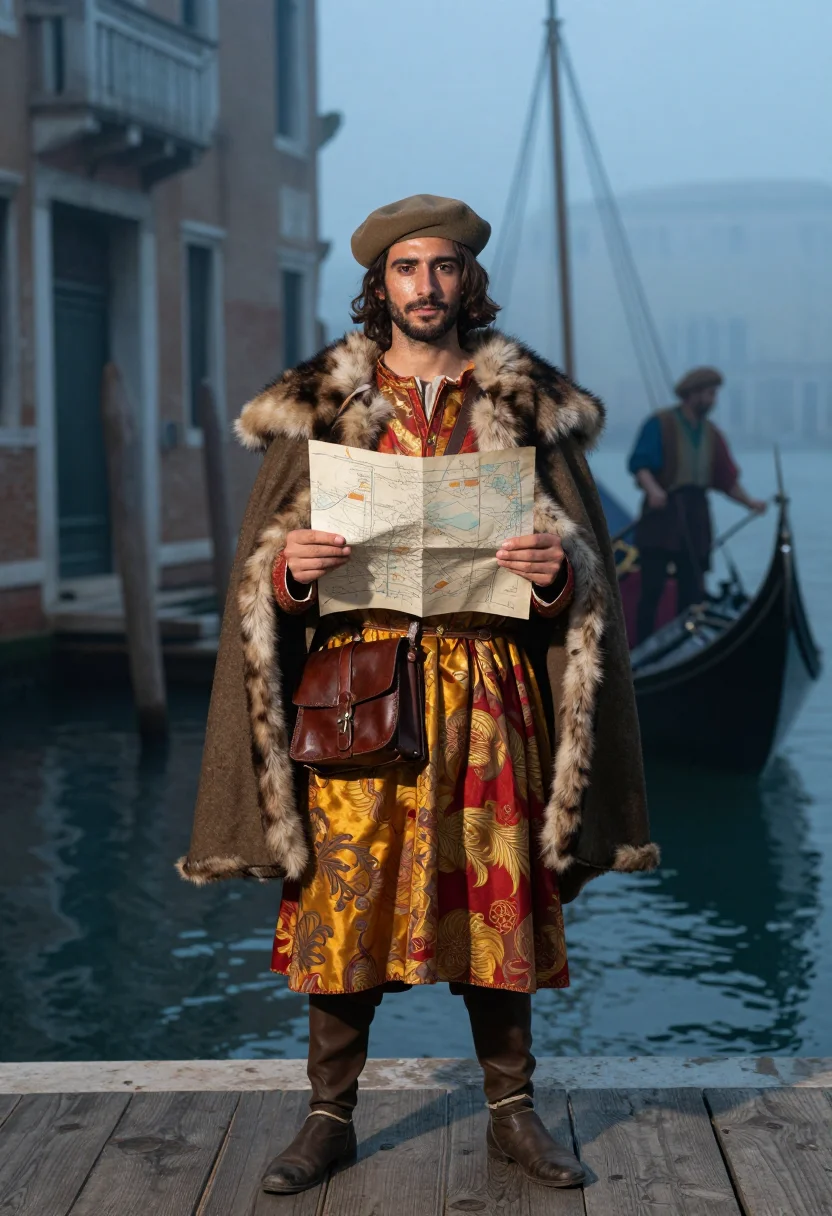 AI marco polo sample — portrait of a man, chest-up portrait of a Venetian man in hi