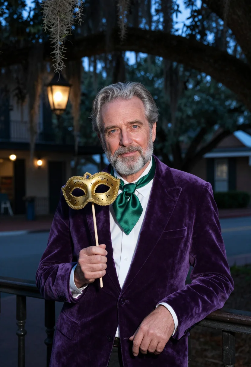 AI mardi gras rex sample — portrait of a man, in his late fifties, with warm fair skin,