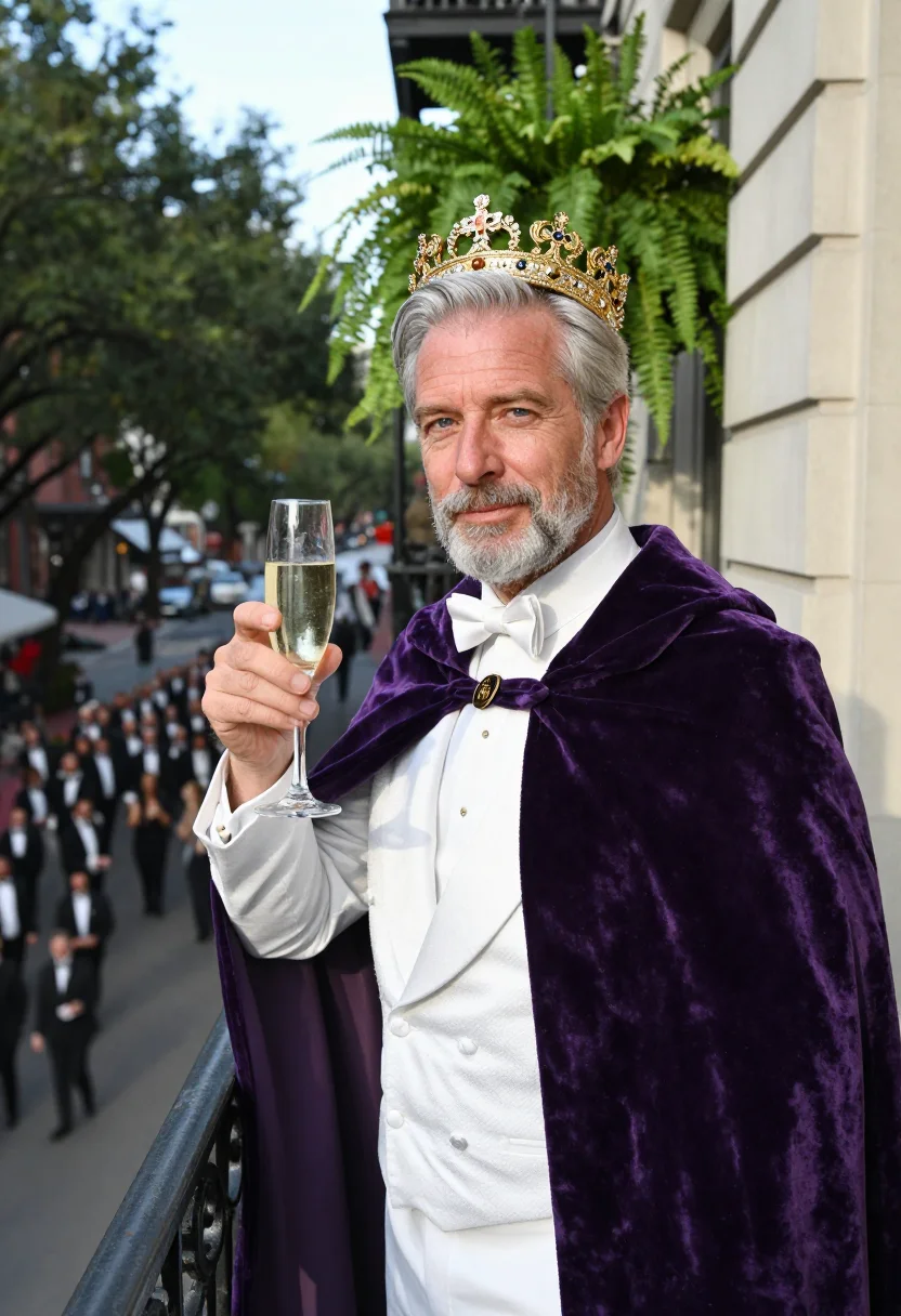 AI mardi gras rex sample — portrait of a man, in his late fifties, with warm fair skin,