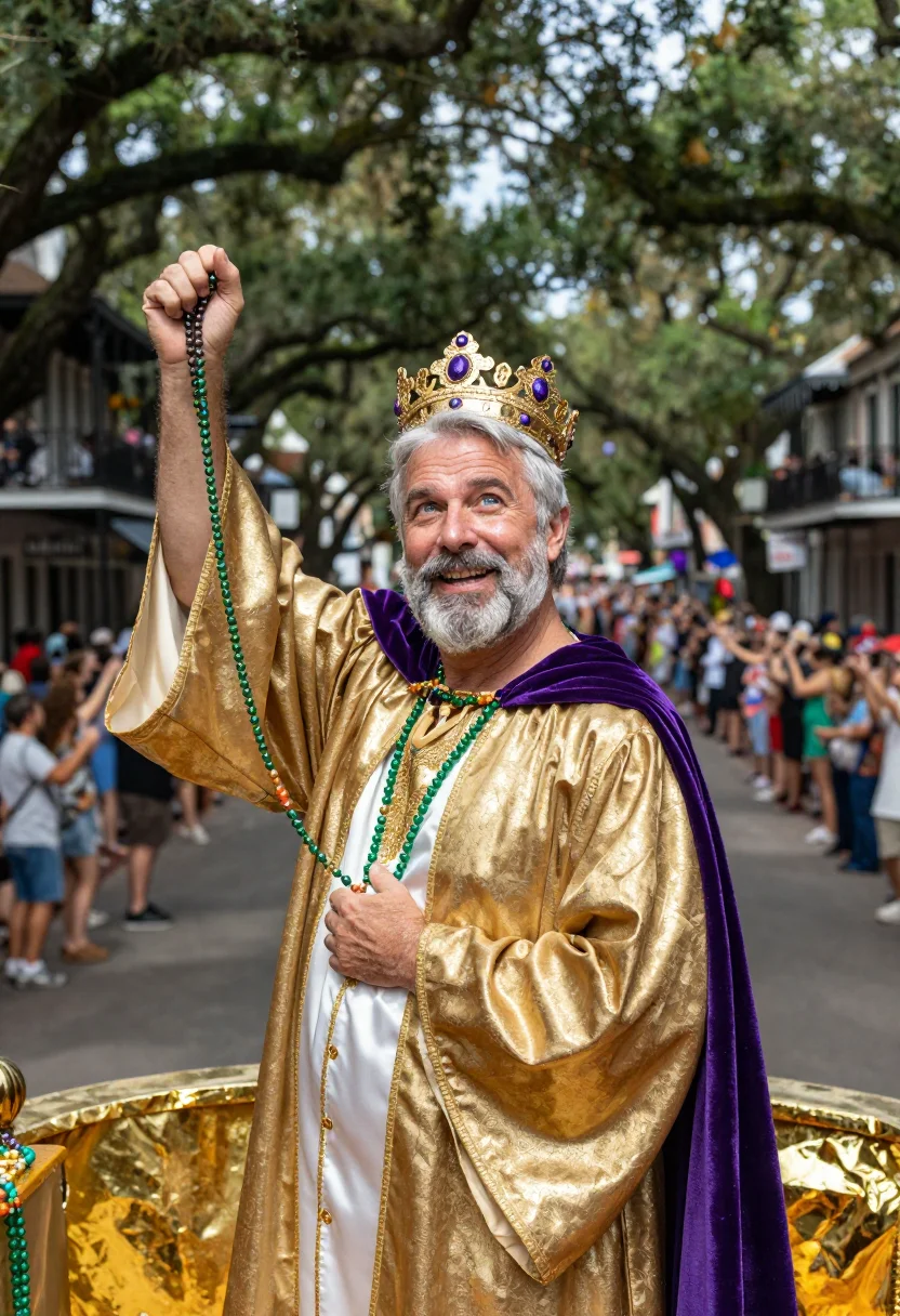 AI mardi gras rex sample — portrait of a man, in his late fifties, with warm fair skin,