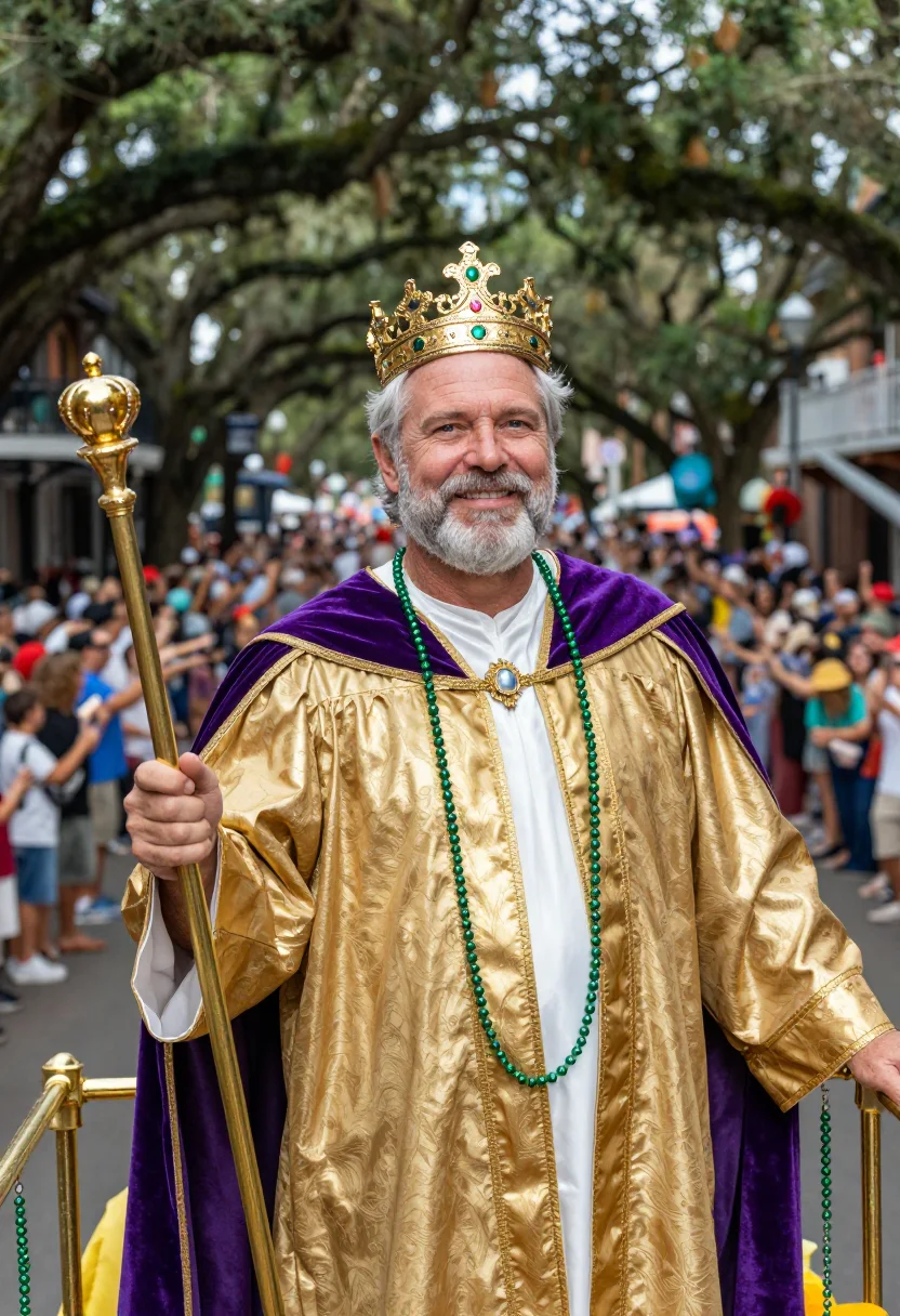 AI mardi gras rex sample — portrait of a man, in his late fifties, with warm fair skin,