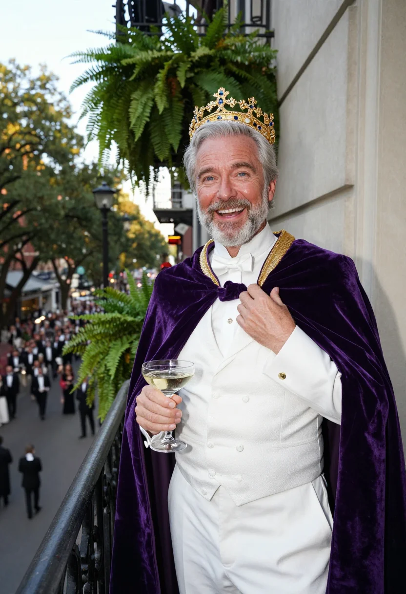 AI mardi gras rex sample — portrait of a man, in his late fifties, with warm fair skin,