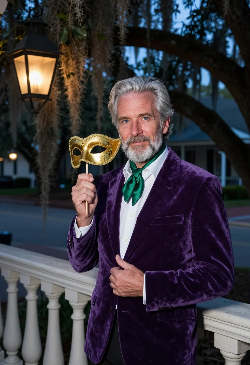 AI mardi gras rex sample — portrait of a man, in his late fifties, with warm fair skin,