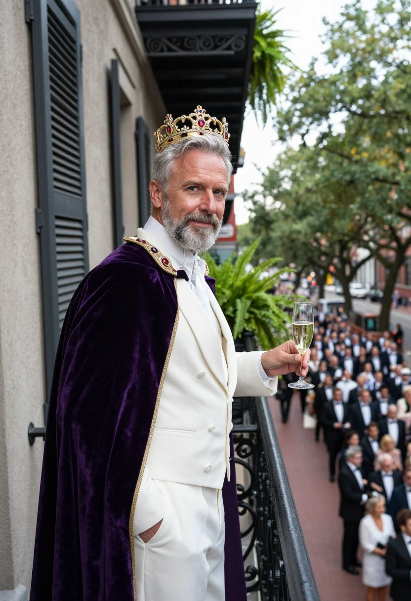 AI mardi gras rex sample — portrait of a man, in his late fifties, with warm fair skin,
