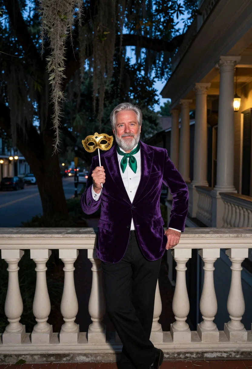 AI mardi gras rex sample — portrait of a man, in his late fifties, with warm fair skin,