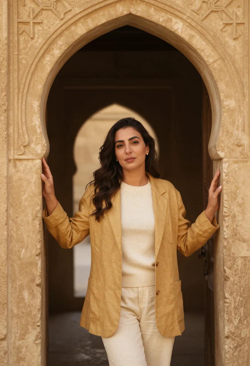 AI mardin doctor honey stone plain sample — portrait of a woman, a doctor in her late thirties, of Arab