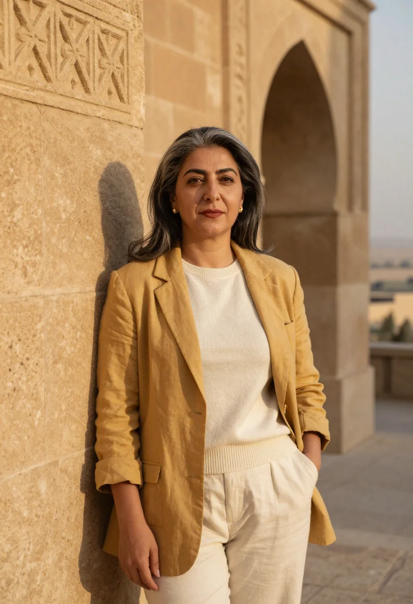 AI mardin doctor honey stone plain sample — portrait of a woman, a doctor in her early fifties, of Kurdi
