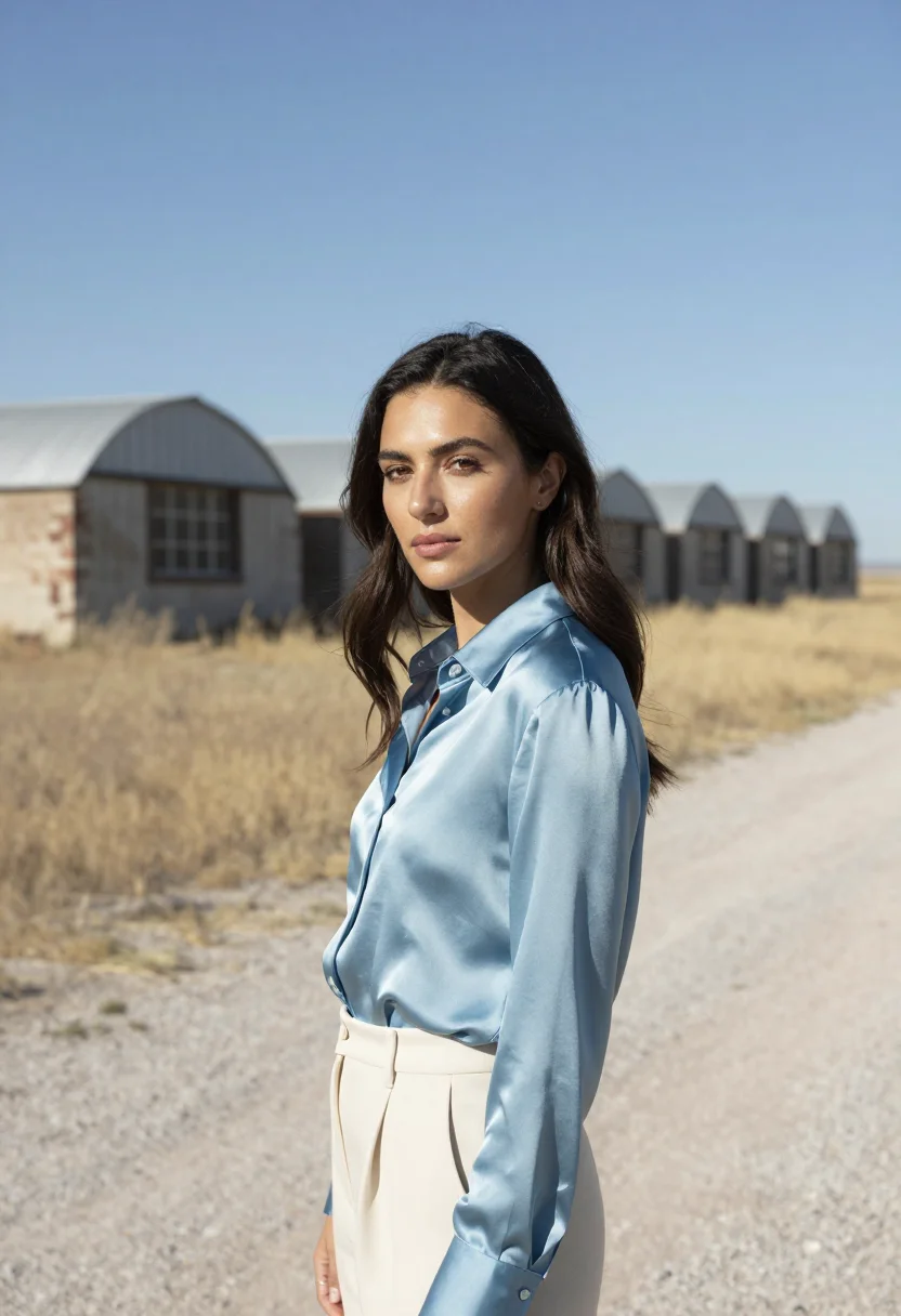 AI marfa gallerist sky blue sample — portrait of a woman, a gallerist in her late twenties with g