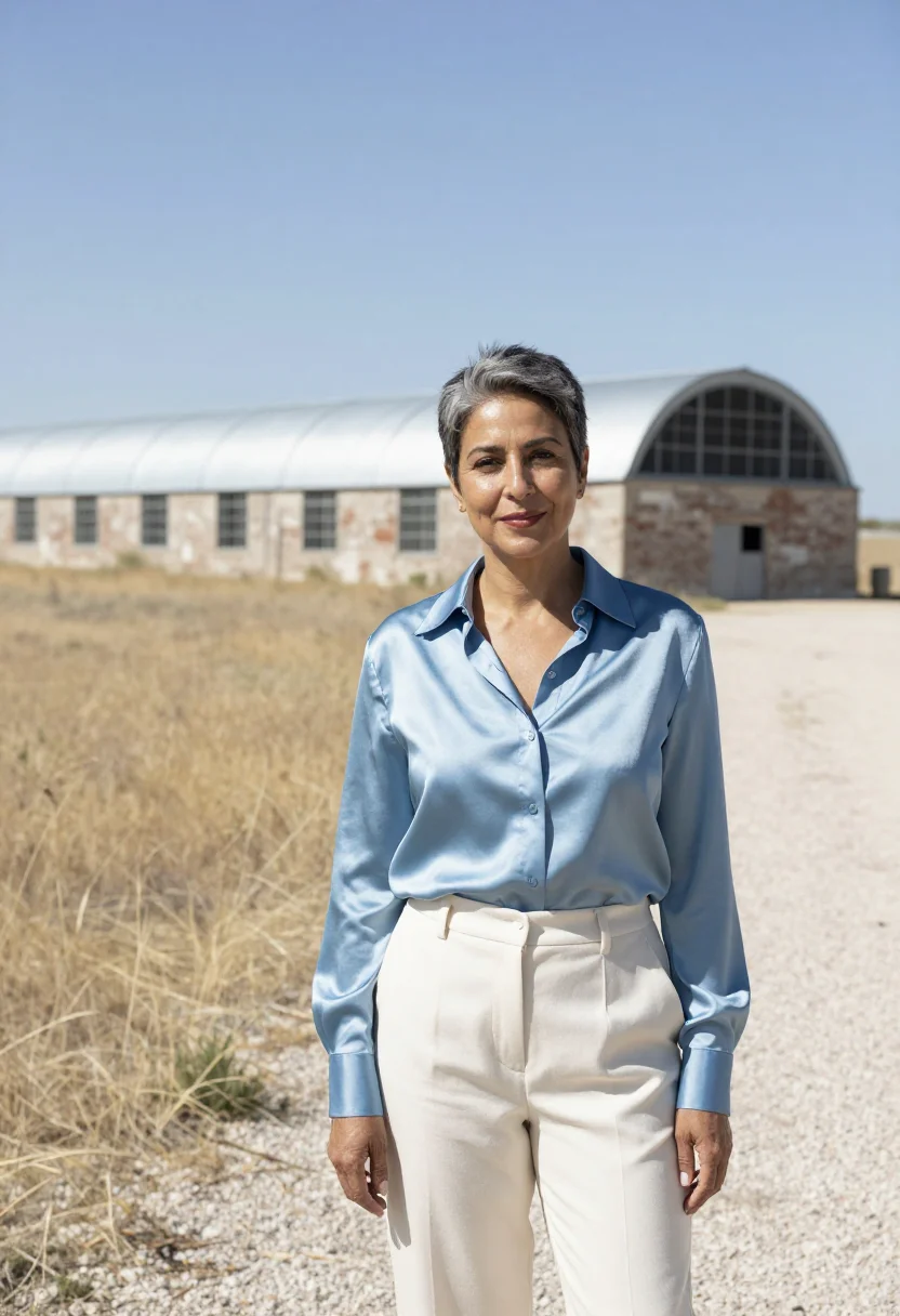AI marfa gallerist sky blue sample — portrait of a woman, a Persian-American gallerist in her fif
