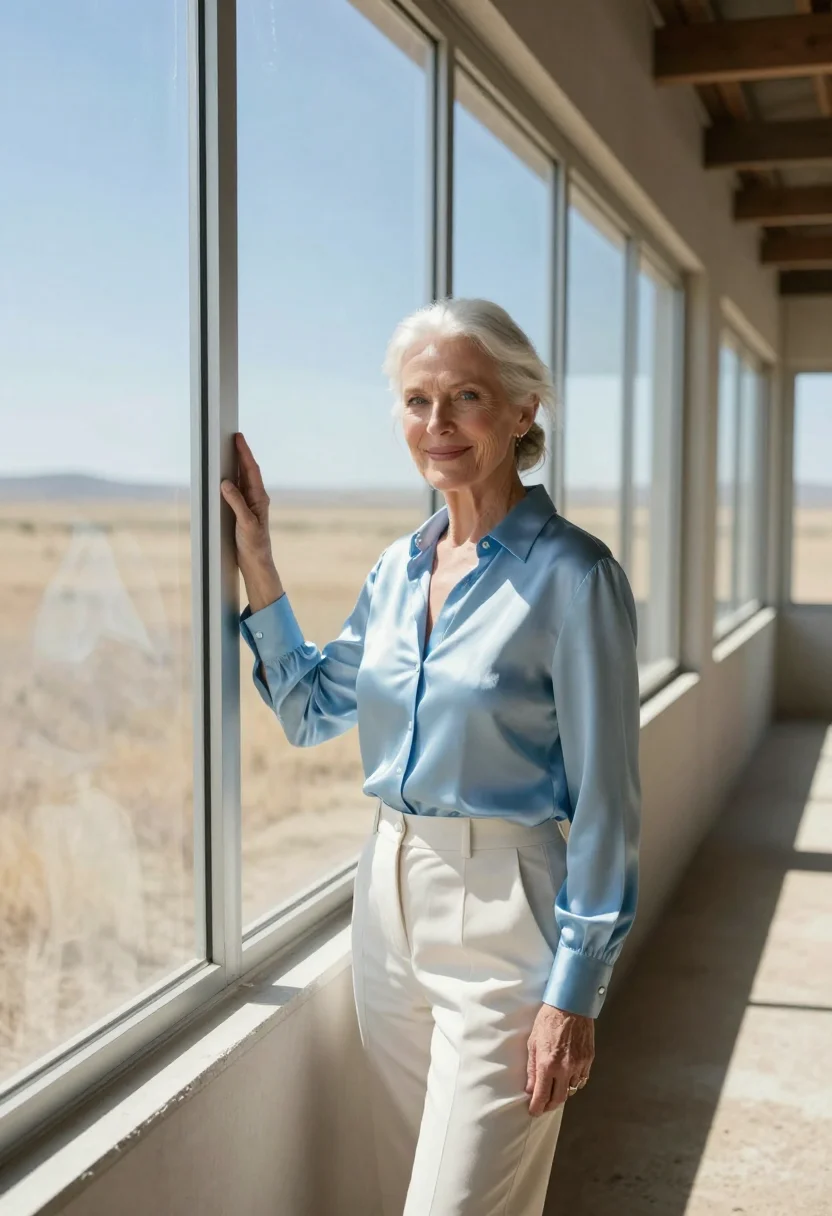AI marfa gallerist sky blue sample — portrait of a woman, a gallerist in her sixties with fair sk