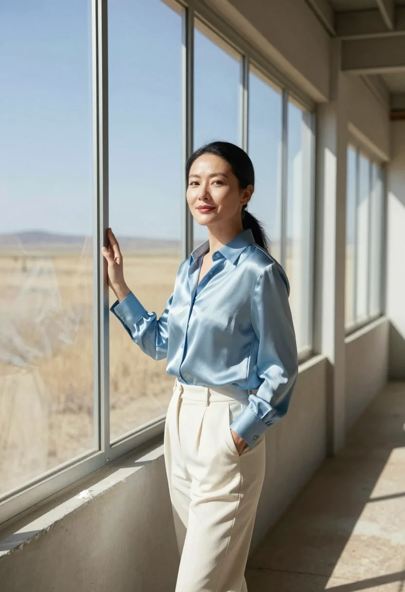 AI marfa gallerist sky blue sample — portrait of a woman, a Chinese-American gallerist in her lat