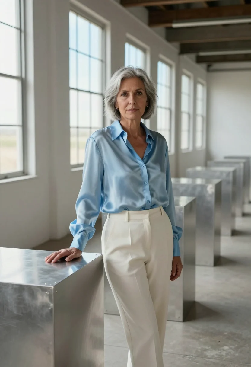 AI marfa gallerist sky blue sample — portrait of a woman, a gallerist in her fifties with olive s