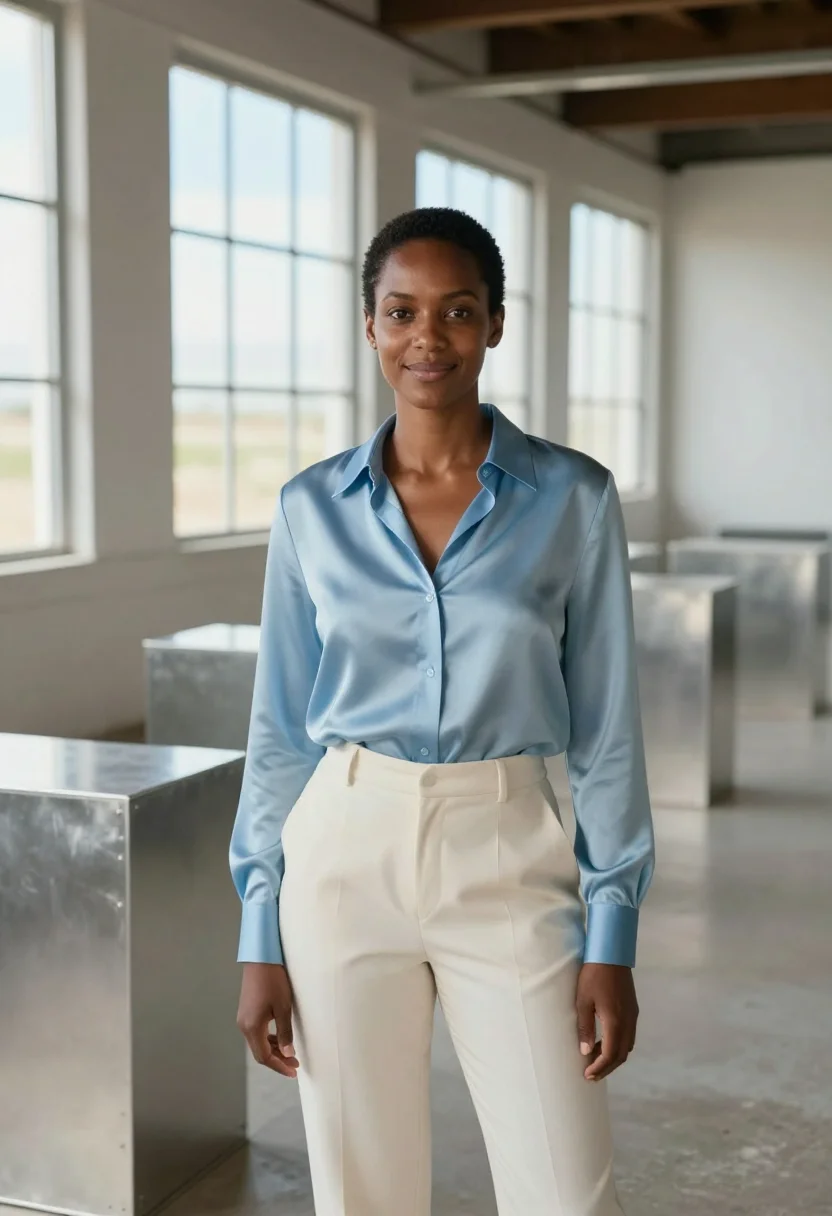 AI marfa gallerist sky blue sample — portrait of a woman, a Black gallerist in her thirties with
