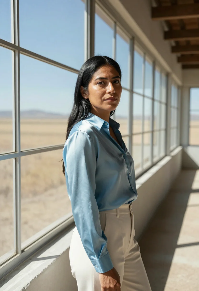 AI marfa gallerist sky blue sample — portrait of a woman, a Mexican-American gallerist in her for
